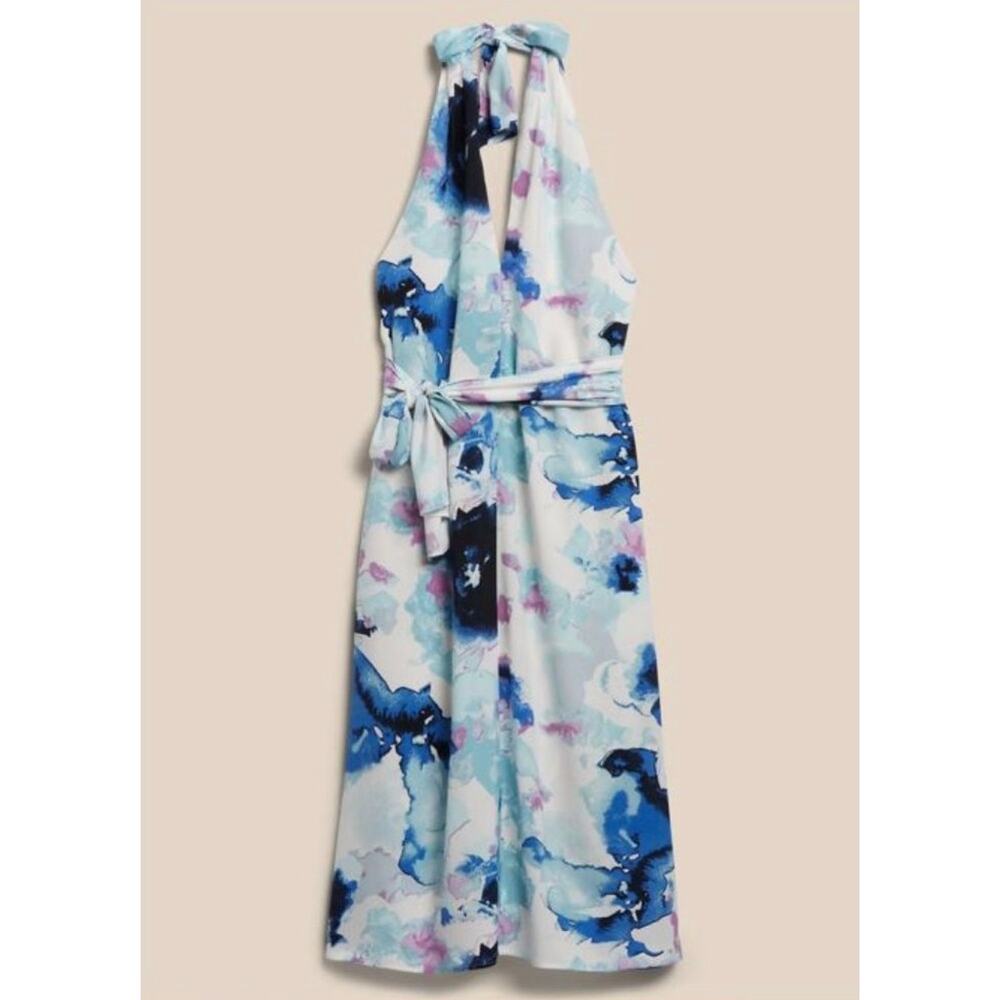 Banana Republic Halter Maxi Dress Blue Purple Watercolor Sz XL Backless Evening